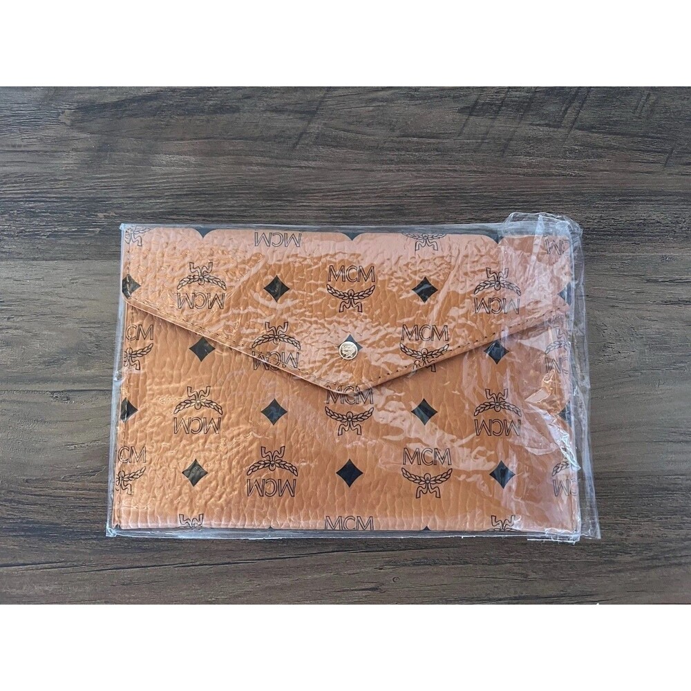 MCM Cognac Monogram Envelope Clutch Visetos Novelty 9"x 6" New In Box